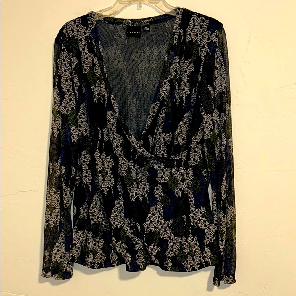 Tribal Size XL Crossover Neckline Modern Print Long Sleeve Blouse